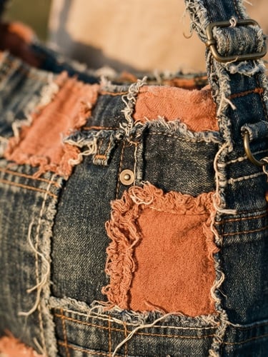 Close-up of a bohemian shoulder bag made of patched indigo denim and terracotta flannel, warm golden-hour light, raw texture, frayed edges, 35mm