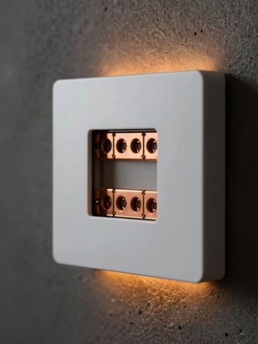 Macro close-up of a pristine smart home control panel flush-mounted on a dark minimalist concrete wall, warm amber backlight casting soft glow on copper terminals