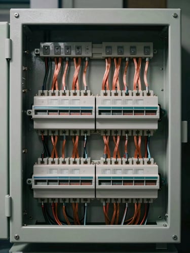 Symmetrical portrait shot of a pristine electrical control panel, perfectly routed parallel copper wiring, clean minimalist layout, dramatic low-key lighting highlighting metallic textures.