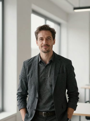 Candid editorial portrait of a tech founder in a high-contrast architectural workspace, natural window light, sharp focus, 50mm