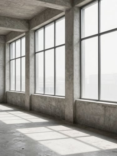 Environmental portrait of a modern concrete workspace with large windows, clean architectural lines, sharp shadows, 50mm.