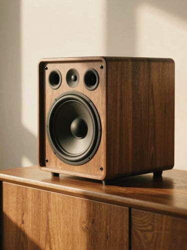 Close-up of a premium walnut wood speaker cabinet styled elegantly on a mid-century modern credenza, warm golden-hour window light casting soft shadows, shallow depth of field, 35mm film feel