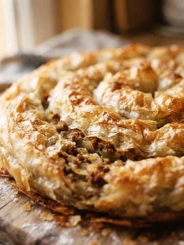 Macro shot of golden-brown blistered burek fresh out of the oven, flaky layers of pastry, warm morning window light, rich golden and cream tones, shallow depth of field, 35mm