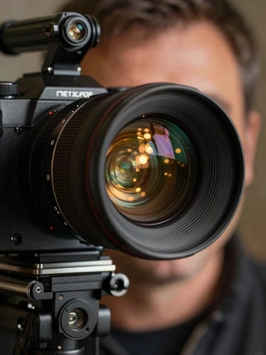 Close-up cinematic still — a cinematographer's eye pressed to an anamorphic lens viewfinder, warm golden bokeh ceremony lights visible through the glass, directional key light from the left casting sharp shadows on the camera body