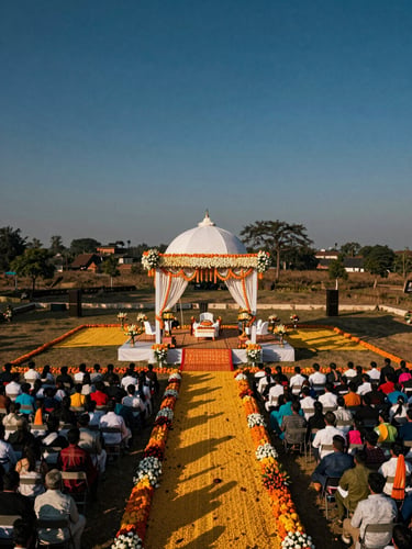 Wide environmental shot from above — an aerial frame of a grand outdoor ceremony mandap surrounded by marigold-lined aisles and hundreds of seated guests, golden hour light casting long geometric shadows across the floral arrangements, deep blue sky above