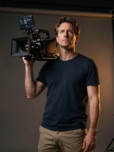 Dramatic directional key-light portrait, a male director in his mid-thirties standing with a cinema camera on his shoulder, low-angle medium shot against a dark studio backdrop, warm amber rim light separating him from the background, serious composed expression, production-house credit-roll aesthetic