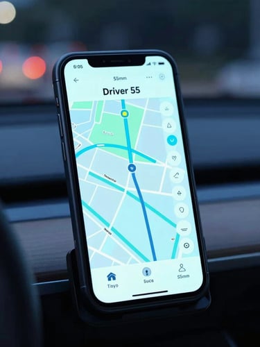 Sleek enterprise tech photography, close-up of a mobile driver app showing a live map route mounted on a vehicle dashboard, cool electric cyan neon reflections, sharp focus, 35mm
