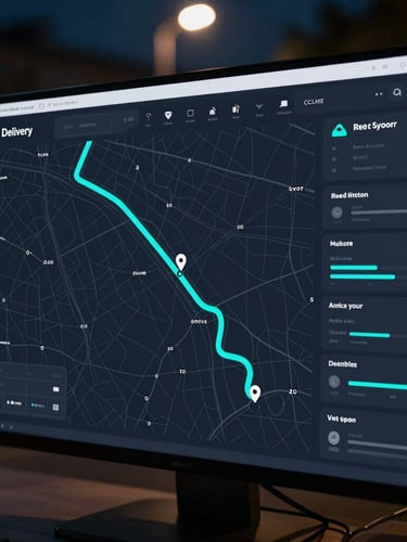 High-fidelity vector UI dashboard showing a real-time delivery tracking map with electric cyan routes, active driver pins, and telemetry panels, cool-toned dark mode aesthetic