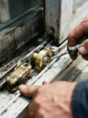 Tight macro shot of hands replacing a worn-out brass roller on a heavy sliding door, bright daylight, 35mm lens