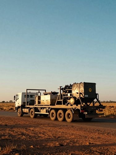 A heavy transport flatbed truck carrying industrial machinery along a dusty sub-Saharan highway, golden-hour sunlight casting long shadows, vast open landscape.