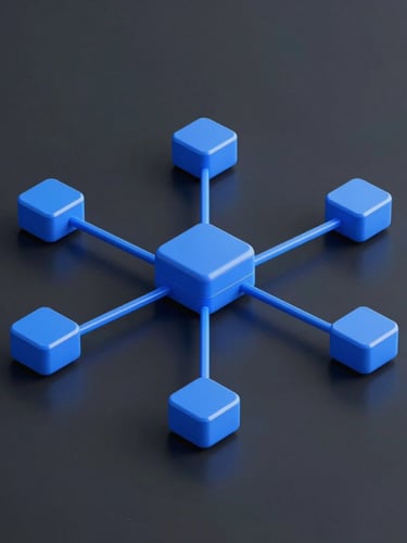 Sleek 3D render of an isometric logistics network, dark slate background, vibrant electric blue accents, clean technical lines, high-contrast studio lighting