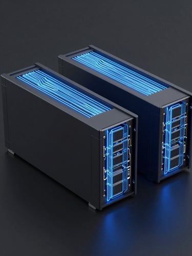 Sleek 3d render of isolated server nodes wrapped in glowing blue light paths, dark slate background, high-contrast technical lines