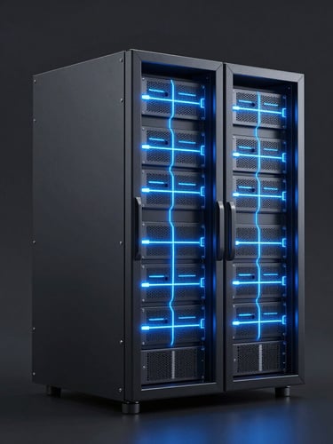 Sleek 3d render of a secure server rack glowing with electric blue neon lines, dark slate background, high-contrast studio lighting