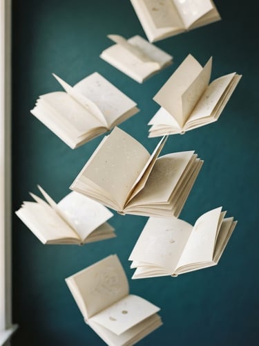 Minimalist white line-art illustration of open books floating elegantly, soft gold foil accents, deep teal backdrop, clean studio lighting, premium editorial style.