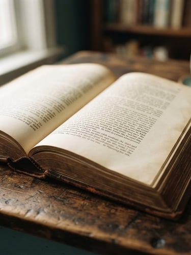 A close-up of an open classic book with elegant typography on a dark wooden desk, soft natural window light casting gentle shadows, warm editorial photography style.