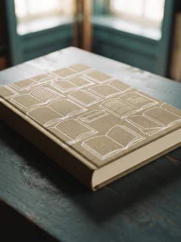 A premium 3D book mockup with elegant white line-art outlines of open books on its cover, resting on a dark teal surface with soft dramatic shadows, warm editorial photography style.