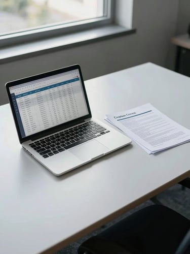 Wide shot of a clean corporate office desk from above, laptop open showing a payment dashboard with data rows, printed compliance documents fanned beside it, flat cool daylight from a window, muted tones, no people
