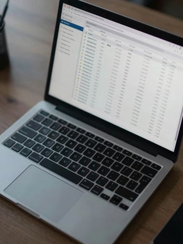 Close-up overhead view of a financial dashboard on a laptop screen, payment transaction records visible, cool office desk surface, flat indoor office lighting, no people