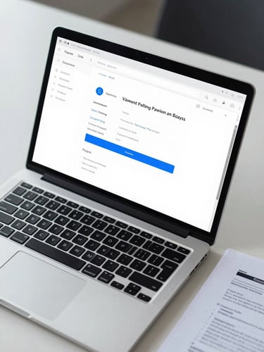 Close-up overhead view of a laptop showing a payment dashboard interface on a clean office desk, a few printed documents beside it, flat cool indoor daylight, no people
