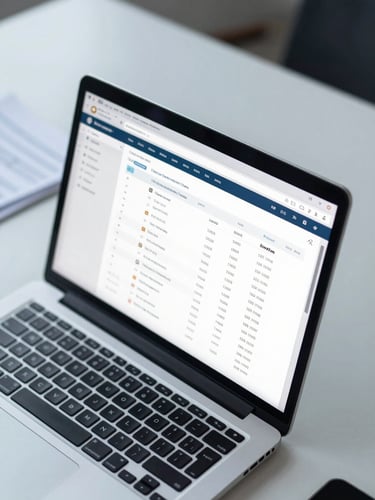 Close-up overhead view of a laptop screen displaying a payment dashboard with transaction records and settlement figures, on a clean office desk with a few documents to the side, flat cool indoor office lighting, mist-blue tones