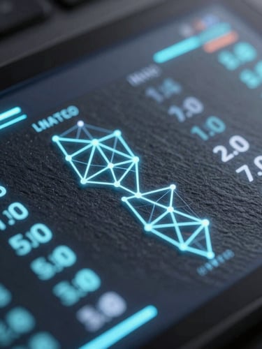 Close-up of a digital dashboard displaying real-time transaction data with abstract geometric elements, cool high-contrast studio lighting, subtle neon backlighting, dark slate background.