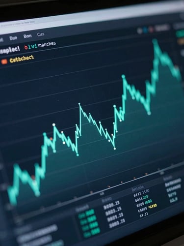Macro shot of a dark-mode financial terminal screen, glowing electric-teal line charts and monospace code, cool low-key studio lighting, shallow depth of field.