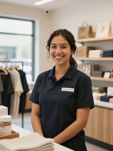 Bright editorial photography of a friendly bilingual staff member smiling in a clean, modern Anaheim retail store, warm inviting natural light, 35mm