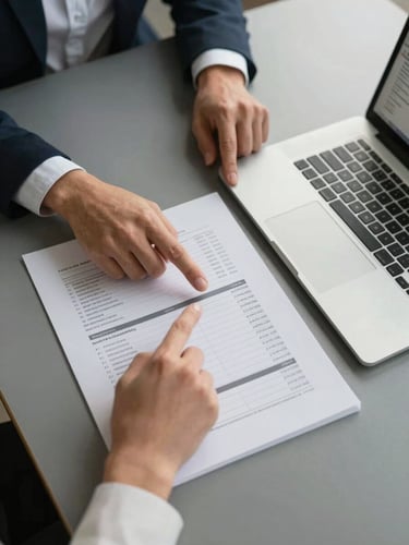 Tight overhead shot of a consultant's hands pointing at printed audit findings on a conference table, a laptop open with a dashboard visible to the right, north-facing daylight, warm gray tones, no people visible above the wrists