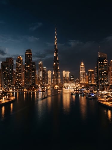 Anamorphic wide-angle shot of Dubai's modern skyscrapers at golden hour, sharp architectural lines reflecting warm amber light against a dark obsidian sky.