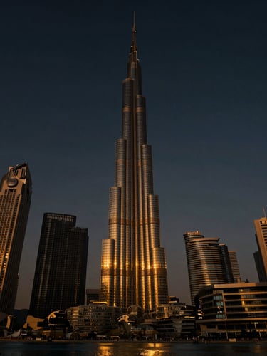 Dramatic wide-angle shot of Dubai's architectural skyline at golden hour, skyscrapers reflecting warm amber sunlight against a deep obsidian sky