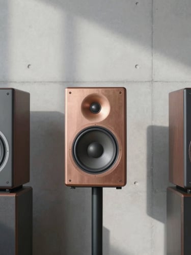 Minimalist Nordic listening room with high-end speakers, clean concrete walls, cool northern daylight casting soft shadows, 35mm