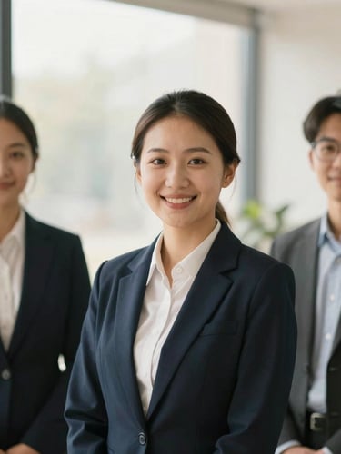 Professional portrait of a notary team member in a bright office, warm natural daylight, smiling warmly, dressed in professional attire, shallow depth of field