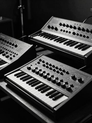 High-contrast black-and-white archival photo of vintage analog synthesizers and drum machines in a dark studio, harsh direct flash, deep shadows, raw textures.