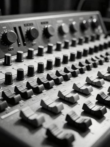 Wide panoramic black and white shot of a vintage soundboard and analog mastering gear, harsh direct lighting, deep shadows, dust particles visible on dials.