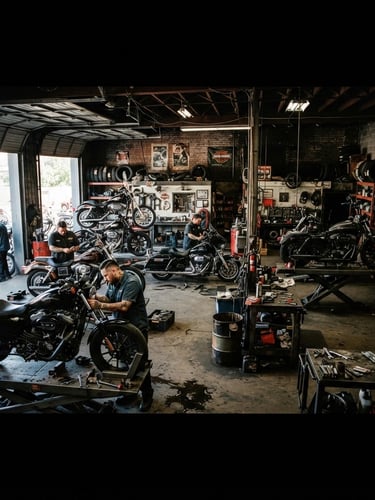 Wide panoramic view of a busy, high-contrast motorcycle workshop interior, several Harley-Davidson bikes on lifts, mechanics working with tools, garage bay doors letting in natural light, raw steel accents, deep charcoal tones, dramatic shadows, metallic glints, 35mm film style.
