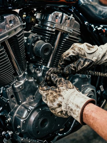Close-up portrait of grease-stained hands of a mechanic, wearing a leather work glove, expertly adjusting a primary chain on a Harley-Davidson engine, high-contrast workshop lighting, metallic glints, raw textures, 35mm film style.