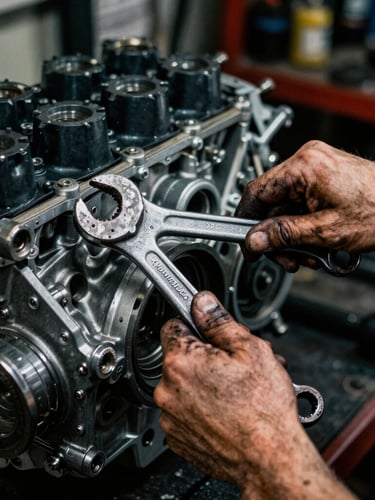 Close-up, high-contrast shot of grease-stained hands working on a Milwaukee-Eight engine with a wrench, dramatic workshop lighting, metallic glints, raw textures.