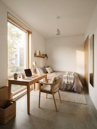 Bright architectural photography of a minimalist student room with a study desk, warm wood tones, and natural morning light, wide-angle lens