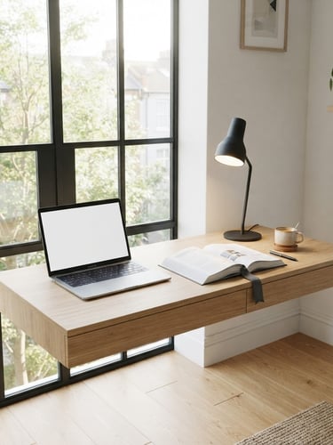 Eye-level bright architectural shot of a clean minimalist student study desk with a lamp, textbook, and laptop under natural morning light from a large window.