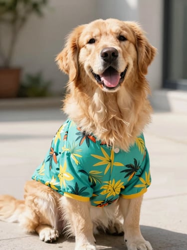 A joyful Golden Retriever sitting proudly wearing a colorful tropical pet shirt, bright natural daylight, shallow depth of field, 35mm