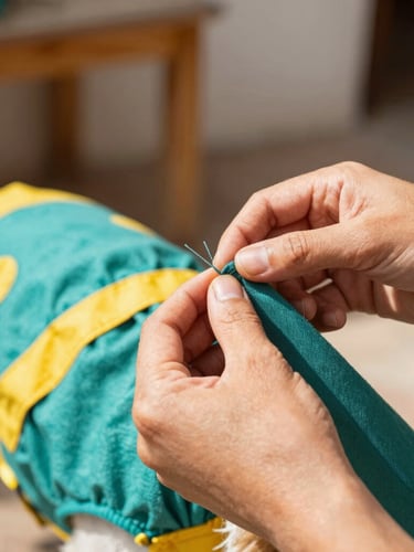 Hands of a Mexican artisan carefully stitching a colorful pet garment in a warm, sun-drenched Celaya workshop, fabric textures visible, warm daylight