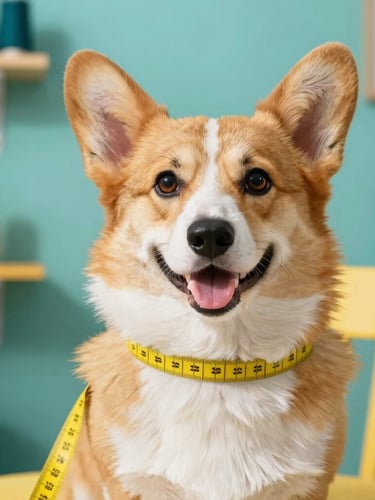 Close-up of a tailor measuring a happy Pembroke Welsh Corgi with a yellow tape measure, bright natural daylight, colorful teal workshop background, 35mm