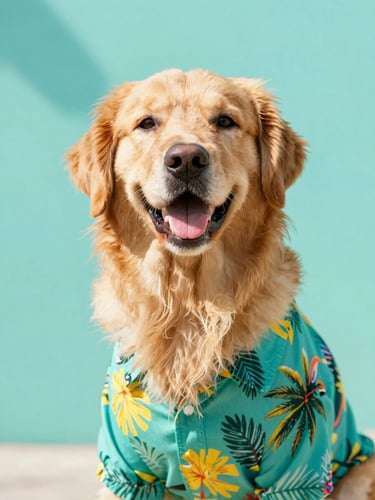 Vibrant portrait of a happy golden retriever wearing a colorful tropical shirt, bright natural daylight, soft teal background, eye-level, 35mm