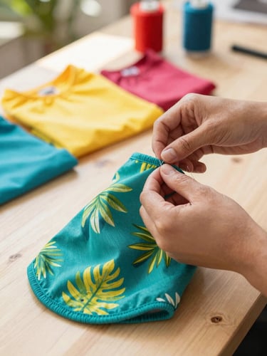 Hands carefully stitching a colorful tropical pet shirt in a sun-drenched workshop in Celaya, vibrant fabrics and threads in the background, warm natural light, shallow depth of field, 35mm
