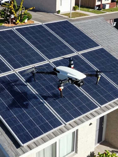 A professional drone pilot in Colonia Caroya operating a drone over a suburban house with solar panels, bright daylight, high-contrast blue and slate tones