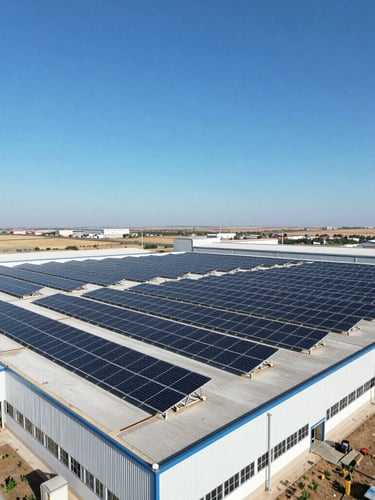 Wide aerial shot of a massive industrial solar panel installation on a factory roof in Cordoba, bright midday sun, high contrast blue sky, technical perspective
