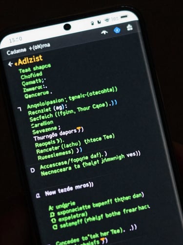 Extreme close-up of a physical Android flagship device screen showing high-framerate code rendering, low-key lighting with electric green reflections, angled device shot.