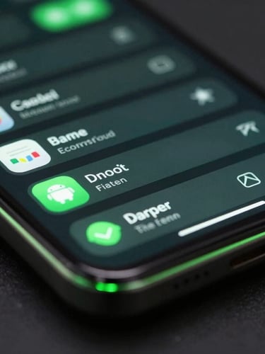 Extreme close-up of a physical Android flagship device screen showing a fluid, high-framerate user interface with glowing electric green accents. Moody, low-key studio lighting with sharp green edge-lights reflecting off the physical screen glass. Angled macro shot focusing on UI details.