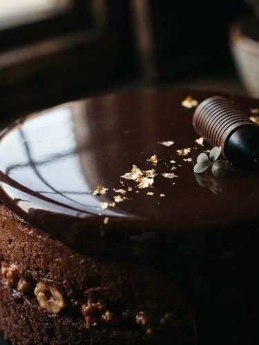 Extreme close-up macro photograph of a perfectly styled dessert, dark chocolate glaze reflecting sharp window light, deep chiaroscuro shadows, premium editorial food photography look