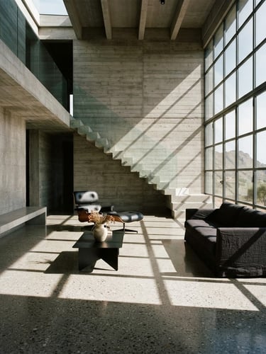 Architectural interior of a modern concrete villa, dramatic natural light casting sharp shadows from high windows onto a polished floor, minimalist furniture, medium format film look.